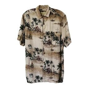 Havana Jack’s Cafe Hawaiian Shirt Small Aloha Tan Palm Tree Beach Coconut Bttns
